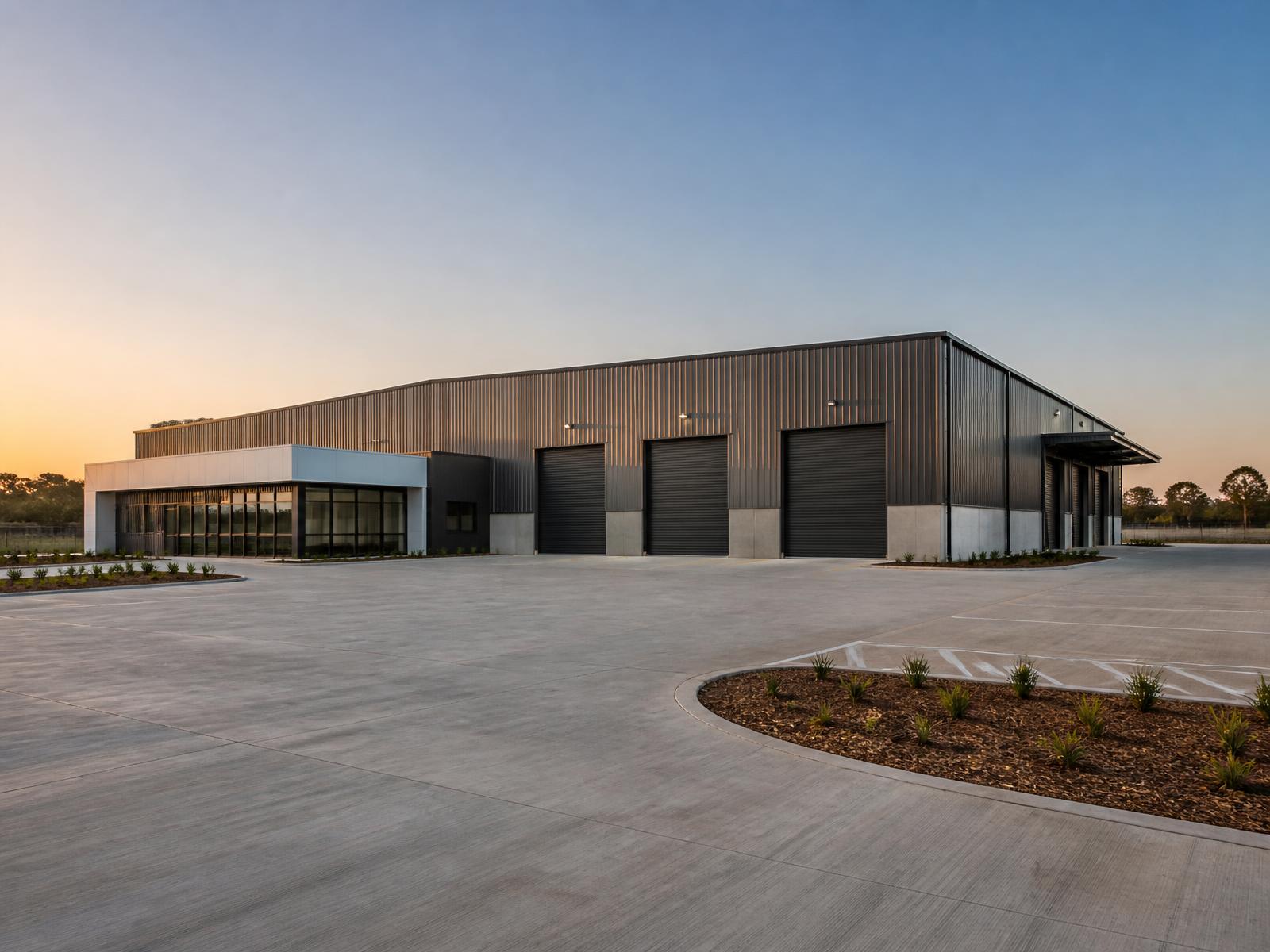 Completed industrial facility exterior with new cladding and concrete hardstand